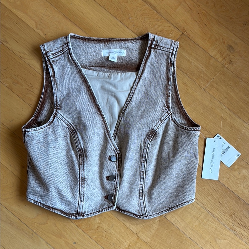 Tan Denim Vest with Button Closure
